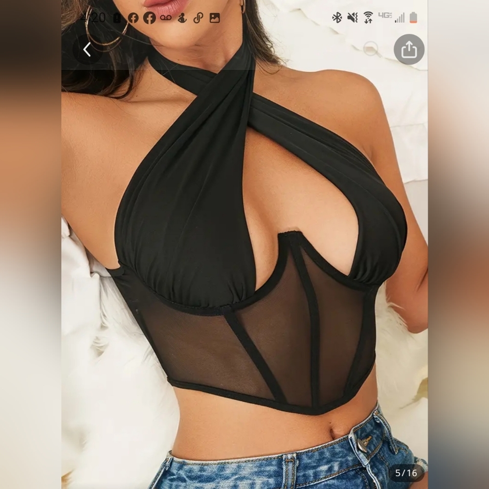 NIB Mesh Stitching Halter Corset Top, Sexy Tie, Backless.  WHITE, Size L (8/10)